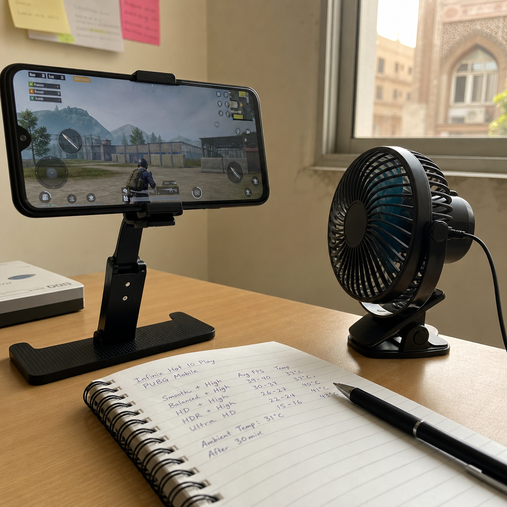 Mobile gaming testing setup on a desk in Pakistan