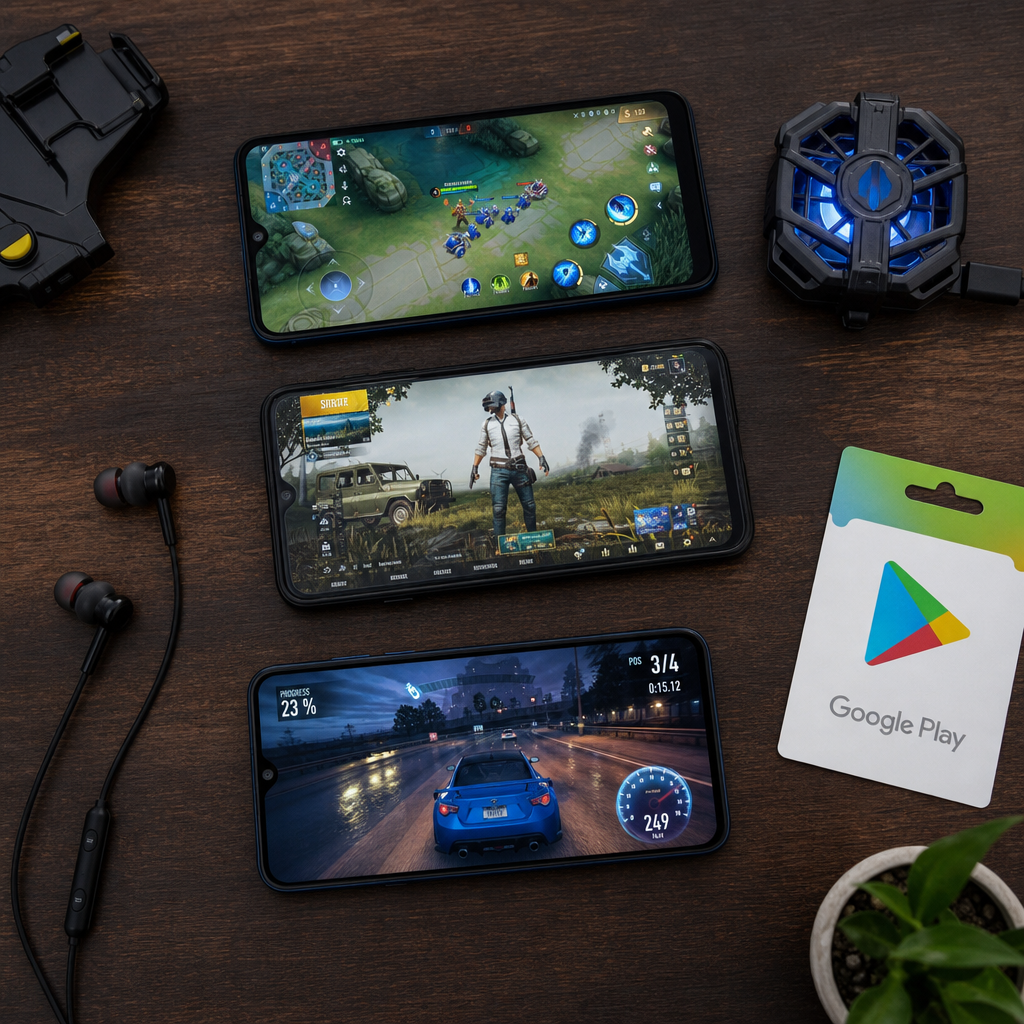 Three budget Android smartphones showing different game interfaces on a dark desk