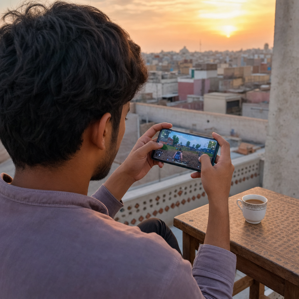 Pakistani mobile gamer playing on a rooftop at golden hour
